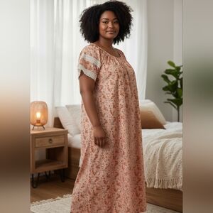 Vintage 70s Floral Maxi Nightgown with Lace Cuffs by Hamilton Peach Size XL / 14